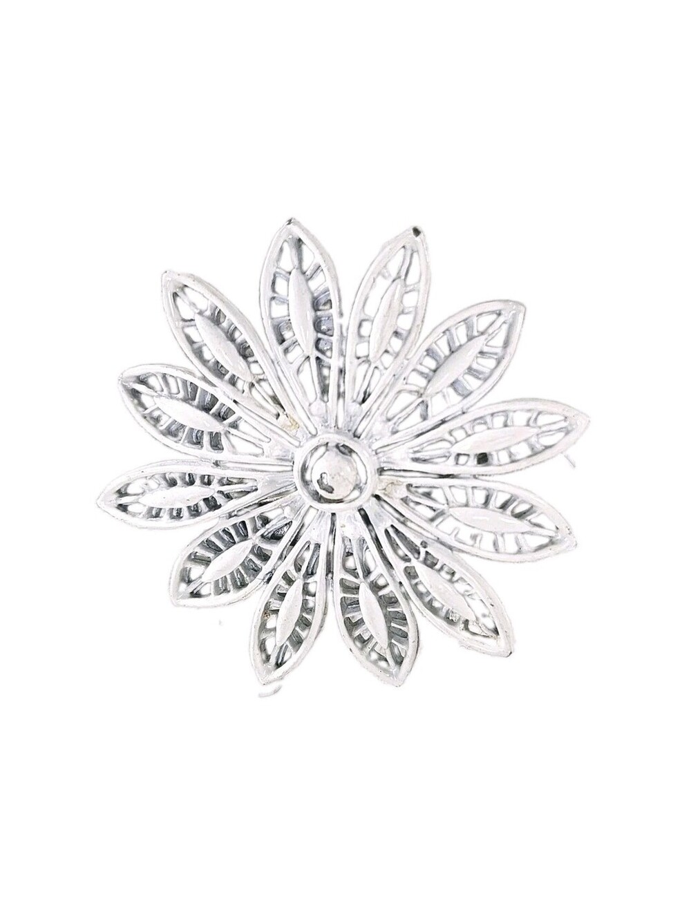 Vintage 1970s Metal Flower Pin Brooch White Enamel Lattice Retro Mod Original